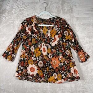 Natural Life Women's Blouse Top Floral Flowy Boho Artsy Cottagecore V Neck L/XL